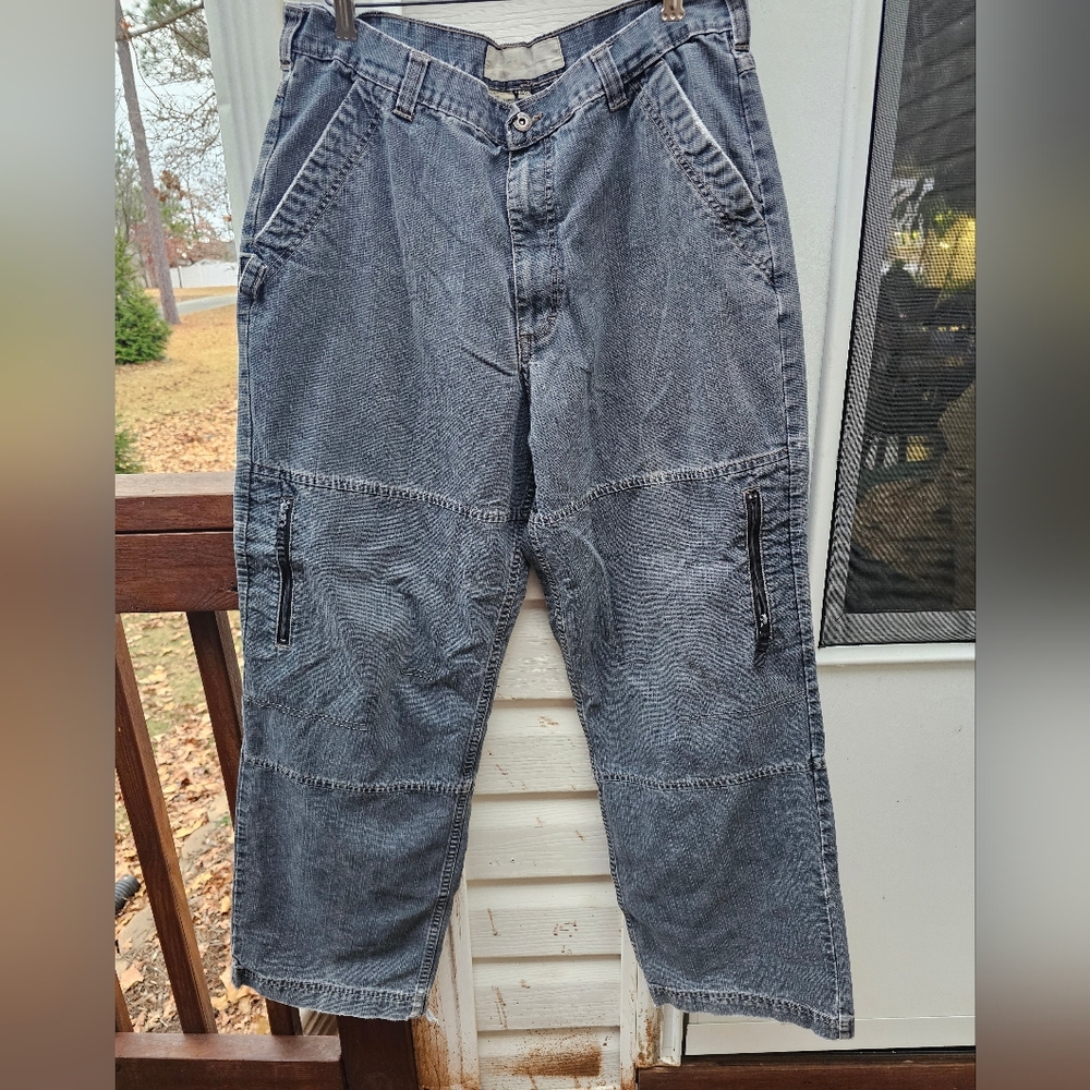 90s Y2K‎ Lee Dungarees 34x32 Utility Cargo Jeans Dark Wash Thrashed Grunge Baggy